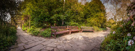 Empty benches in a Streatham Rookery in Londonの写真素材