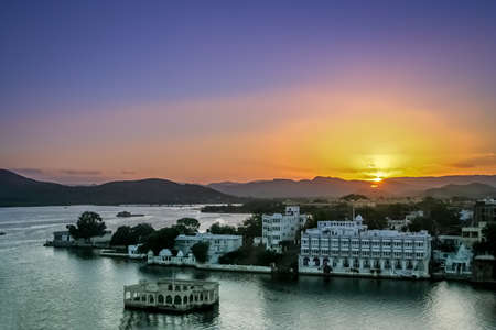 Sunset over Udaipur city - called the most romantic city in India or the Venice of Indiaの写真素材