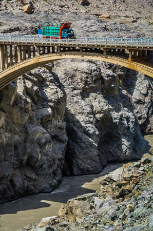 Bridge on the remote mountain road in Karakorum, Pakistanのeditorial素材