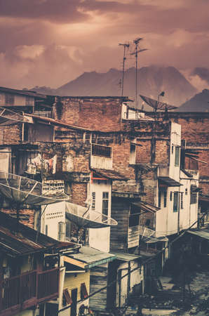 View of the Berastagi town with Gunung  Sibayak volcano in the background, Sumatra, Indonesiaの写真素材