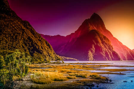 Sunrise at Milford Sound in New Zealandの写真素材