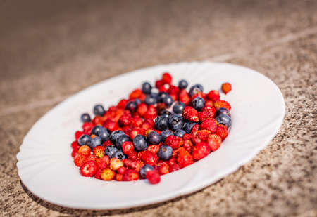 Summer berries collected from a home gardenの写真素材