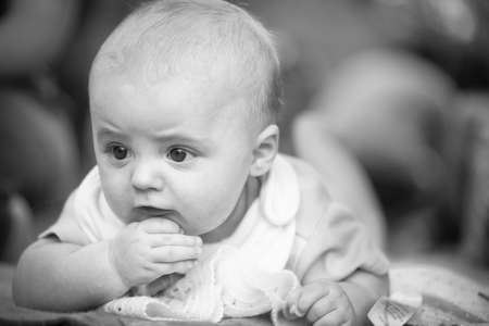 Portrait of a adorable baby boy trying to crawlの写真素材