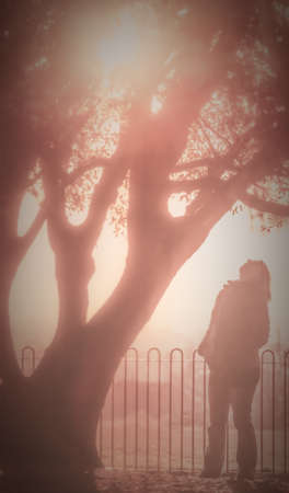 Dreamy effect picture of a girl standing under the treeの写真素材