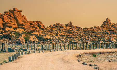 Columns  remnants of an old temple in Hampi Indiaの写真素材