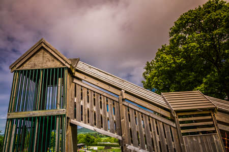 Wooden castle structure on a playground for childrenの写真素材