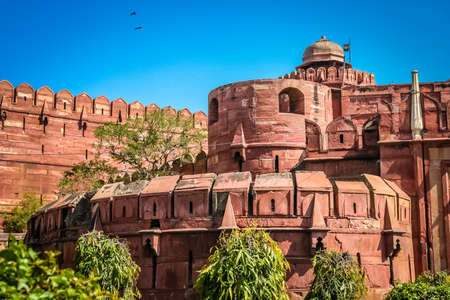 Massive walls of a Red Fort in Agra Indiaのeditorial素材