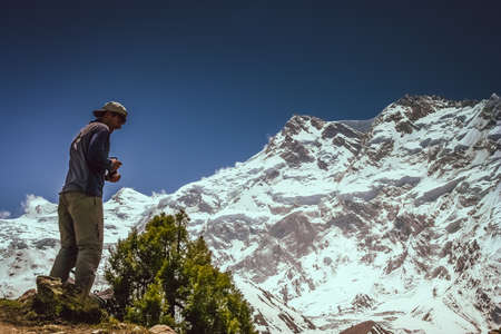Trekker in front of Nanga Parbat Karakorum Pakistan