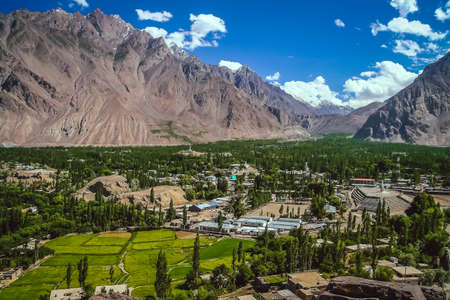 Beautiful green and fertile mountain valley in the Karakorum mountains in Pakistan, Skardu regionの写真素材