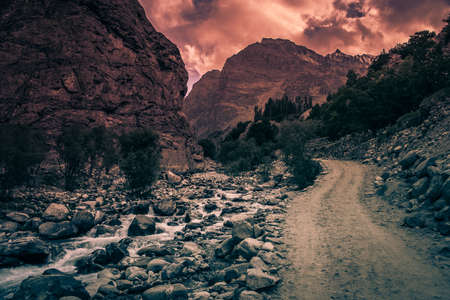Rought mountain road up the beautiful valley in the Karakorum near Khaplu in Central Karakorum National Parkの写真素材
