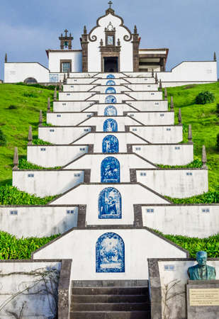 Our Lady of Peace ( Nossa Senhora da Paz ) chapel above the city of Vila Franca do Campo in Sao Miguel, Azores, Portugalのeditorial素材