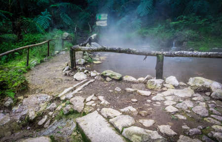 Bubbling water of the hot springs in Caldeira Velha,  Sao Miguel Island, Azores, Portugalの写真素材