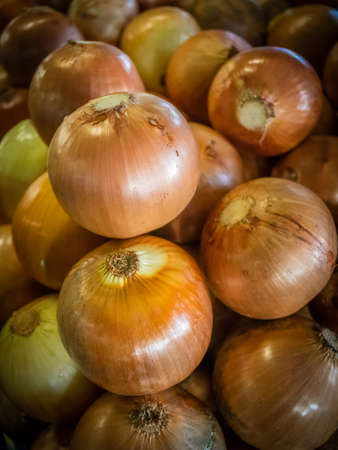 Organic onions for sale on a market in Ponta Delgada, Azores, Portugalの写真素材