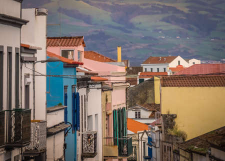 Traditional homes on a street of Ponta Delgada, Azores, Portugalの写真素材