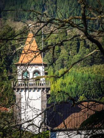 Bell tower of the Igreja de Santa Ana Church in Furnas, Sao Miguel, Azores, Portugalの写真素材
