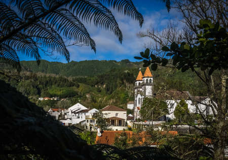 Bell tower of the Igreja de Santa Ana Church in Furnas, Sao Miguel, Azores, Portugalの写真素材