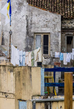 Old grungy neglected home facade in Ponta Delgada, Sao Miguel, Azores, Portugalの写真素材
