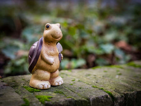 Small turtle figurine standing on a wall in the gardenの写真素材