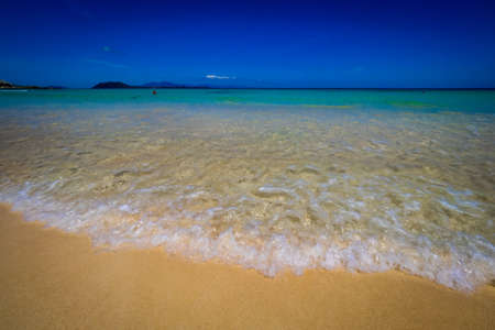 Beautiful turquoise blue sea in Corralejo Dunes National Park in Fuerteventura, Canary Island, Spain...