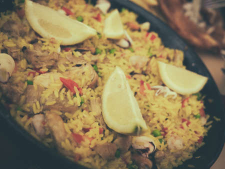 Close up of a paella - traditional Spanish dishの写真素材