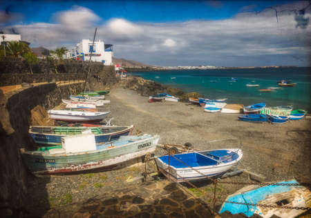 Colorful boats in a harbour in Playa Blanca, Lanzarote, Canary Islands, Spain. Picture taken 19 April 2016のeditorial素材