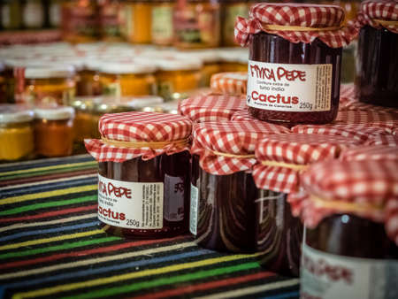 Traditional locally produced Canarian cactus marmelade on sale on farm in Fuerteventura, Canary Islands, Spain Picture taken 13 April 2016のeditorial素材