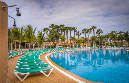 Large swimming pool in a resort in Fuerteventura, Canary Islands, Spain. Picture taken 11 April 2016のeditorial素材