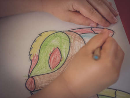 Little girl coloring a picture of fox faceの写真素材