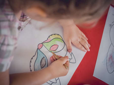 Little girl coloring a picture of fox faceの写真素材