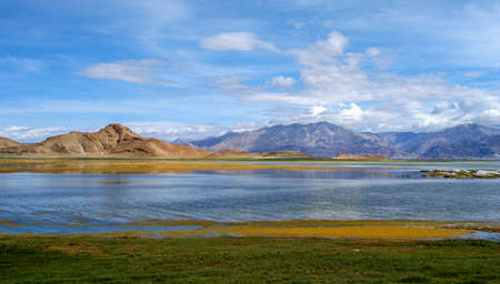 Wetlands and lake forming part of the beautiful landscape of Western Tibetの写真素材