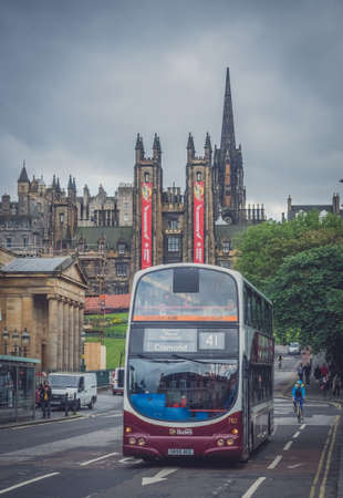 Edinburgh, Scotland -  30 August 2016 : Modern double deck bus operated by Lothian busses in the centre of Edinburghのeditorial素材