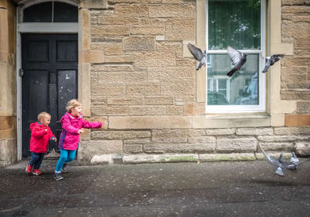 Little boy and girl chasing pigeons in front of a home in Edinburghの写真素材