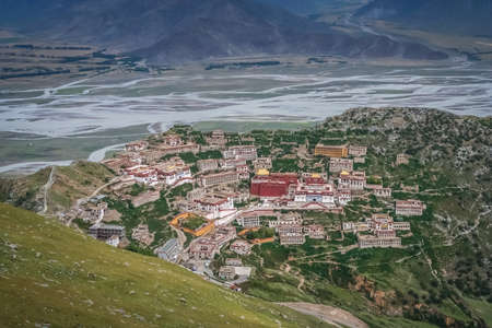 Aerial view of the Gyantse monastery near Lhasa in central Tibetの写真素材
