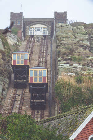 The East Hill Cliff Funicular cable lift Railway in Hastings on a cold winter dayの写真素材