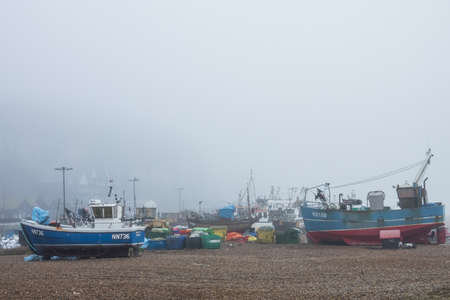 Hastings, England - December 30, 2016: Fishermen boats on the shore on seafront in Hastings, East Sussex, England, UKのeditorial素材