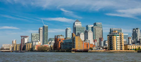 London, England -  25 March 2017 : Panorama of Canary Wharf commercial buildings as seen from the...
