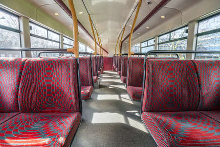 Empty seats on an upper level of a London double decker busの写真素材