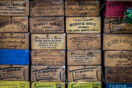 St Ives, England - August 2015 : Traditional wooden boxes with herbs, spices, wine and other goods outside shop in St. Ives, Cornwall, Englandのeditorial素材