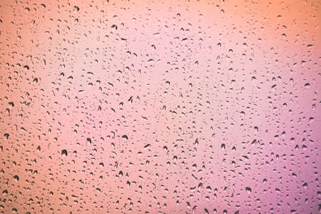 Raindrops on the home window surface against colorful pinkish backgroundの写真素材