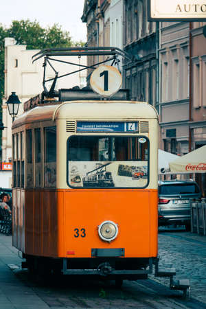 Bydgoszcz, Poland -  August 2017 : Old disused antique tram on the Dluga street in the  Bydgoszcz old town, Polandのeditorial素材