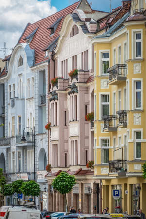 Bydgoszcz, Poland -  August 2017 : Colourful facades of old historical tenement houses on the Dworcowa streetのeditorial素材