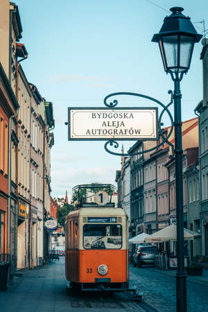 Bydgoszcz, Poland -  August 2017 : Old disused antique tram on the Dluga street in the  Bydgoszcz old town, Polandのeditorial素材