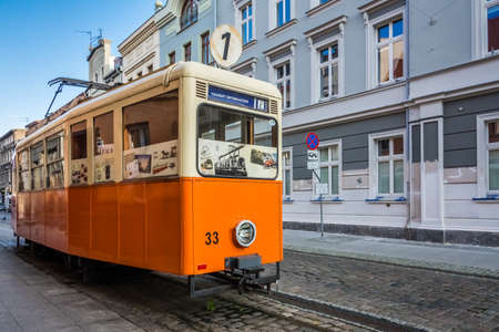 Bydgoszcz, Poland -  August 2017 : Old disused antique tram on the Dluga street in the  Bydgoszcz old town, Polandのeditorial素材