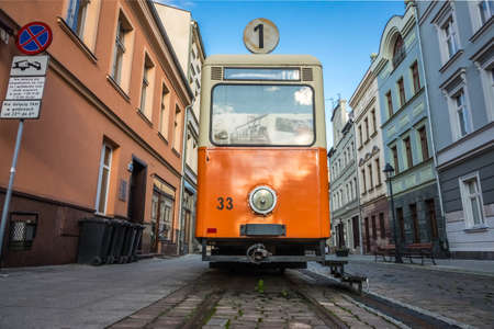 Bydgoszcz, Poland -  August 2017 : Old disused antique tram on the Dluga street in the  Bydgoszcz old town, Polandのeditorial素材