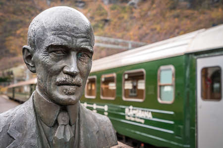 Flam, Norway -  October 2017 :  Sculpture of a Fylkesmann Christensen, construction worker of the scenic Flam railwayのeditorial素材