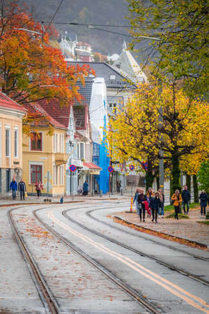 Bergen, Norway -  October 2017 :  Tram tracks on the road in Bergen in autumnのeditorial素材