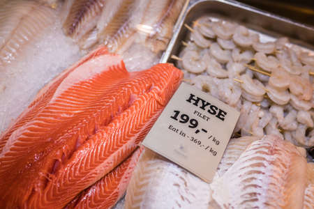 Bergen, Norway -  October 2017 :  Fresh seafood in cold display on the indoor fish marketのeditorial素材