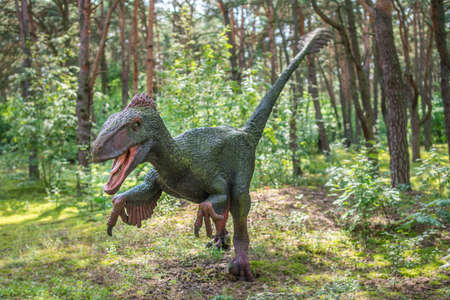Solec Kujawski, Poland -  August 2017 :  Life sized Raptor dinosaur statue in a forestのeditorial素材
