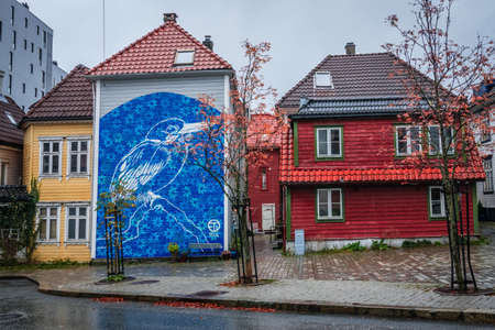 Bergen, Norway -  October 2017 : Large blue bird graffiti art on the wall of a home in Bergen, Norwayのeditorial素材