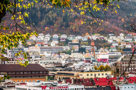 Bergen, Norway -  October 2017 : Hillside homes in Bergen in autumn seen from the hill above, Norwayのeditorial素材